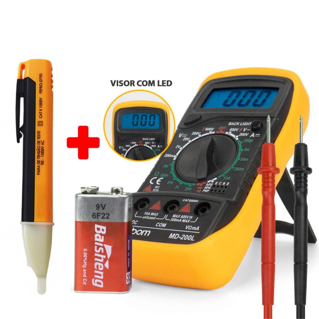 Kit 2x1 Multímetro Profissional Painel digital bateria inclusa 9V + Caneta Teste Tensão Corrente