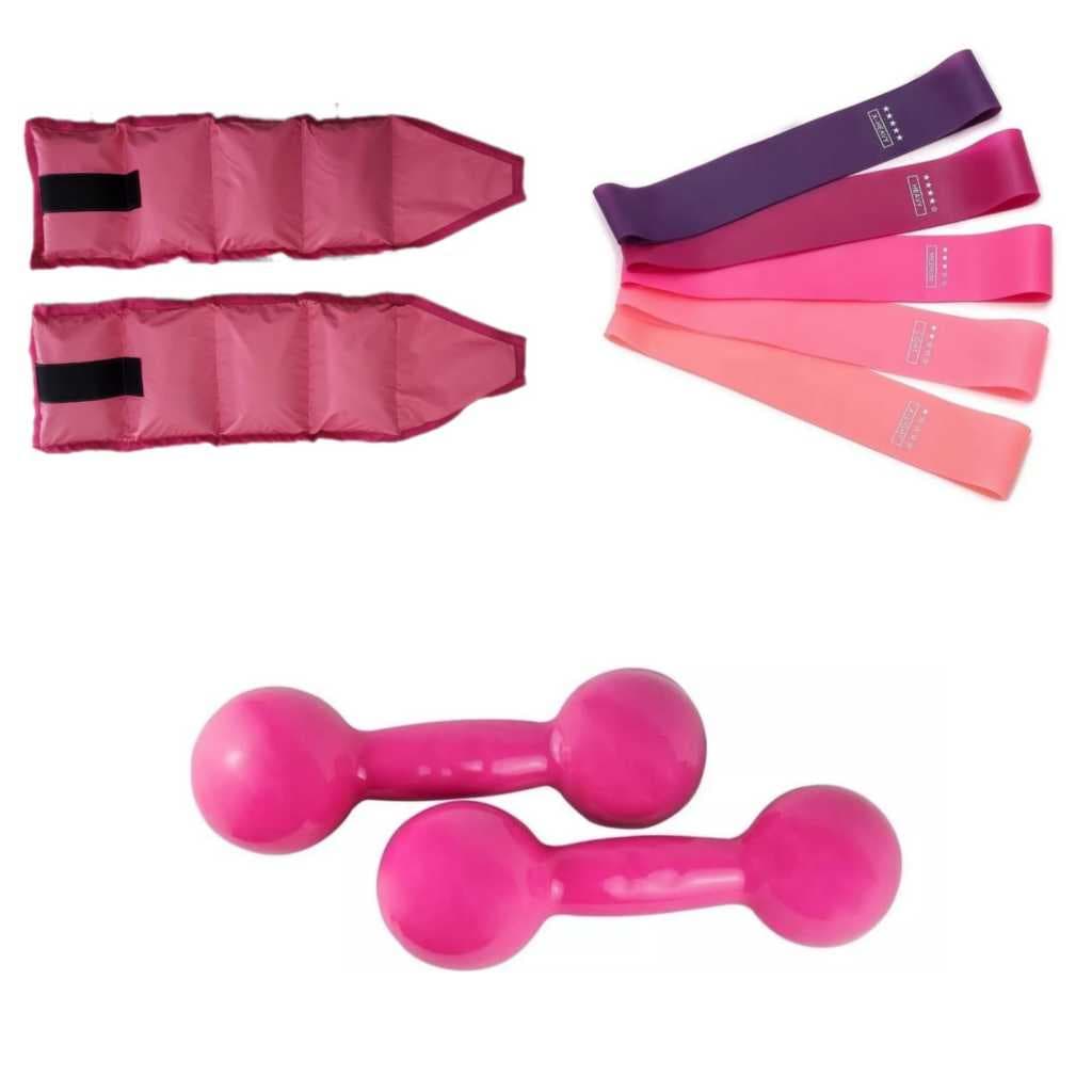 Kit Treino Rosa: Par Halteres 0,5kg + Caneleira 0,5kg + Mini Band Fitness
