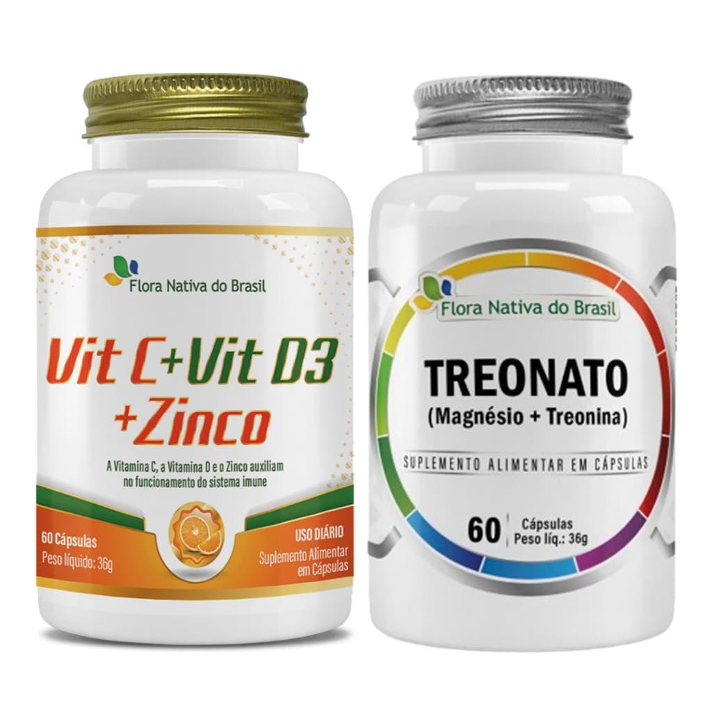 Kit Magnésio Treonato 60 Caps + Vitamina C, Vitamina D3, Zinco 60 Caps
