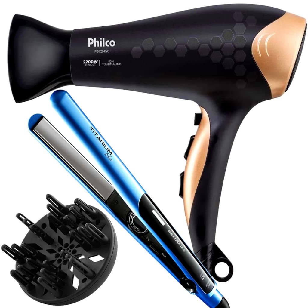Secador De Cabelos Philco Profissional Ions 2200w Quente Frio Stilus Bivolt Difusor Cachos Prancha Titanium 220ºc Blue