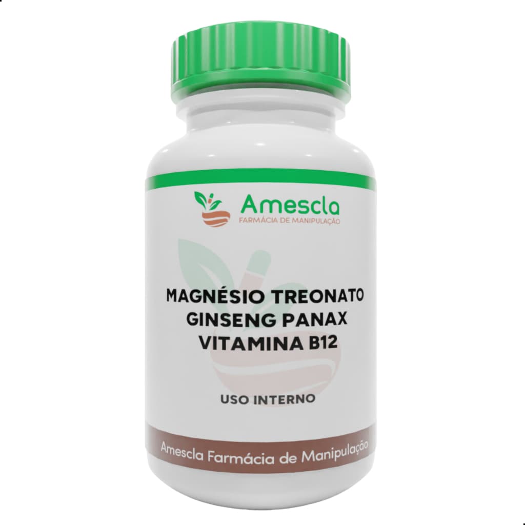 Magnésio Treonato 200mg + Ginseng Panax 100mg + Vitamina B12 Metilcobalamina 1000mcg 60 ou 120 Cáps