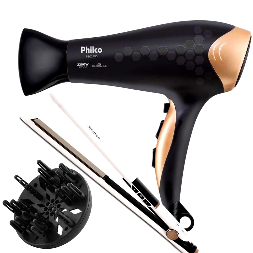 Secador De Cabelos Philco Profissional Ions 2200w Quente Frio Difusor Cachos Prancha Titanium 450ºf Bivolt