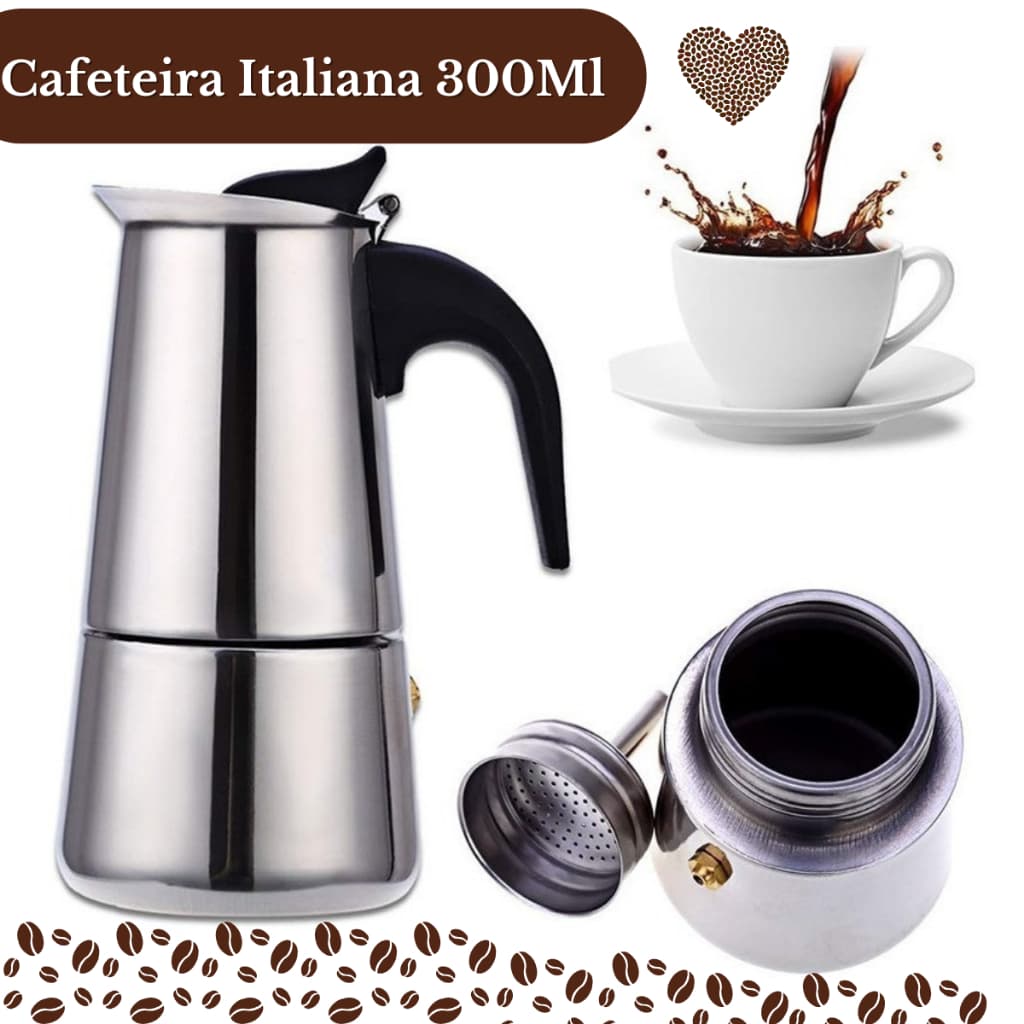 Cafeteira Italiana Inox Premium 300ml - 6 Xícaras Café Expresso Não necessita Filtro de Papel