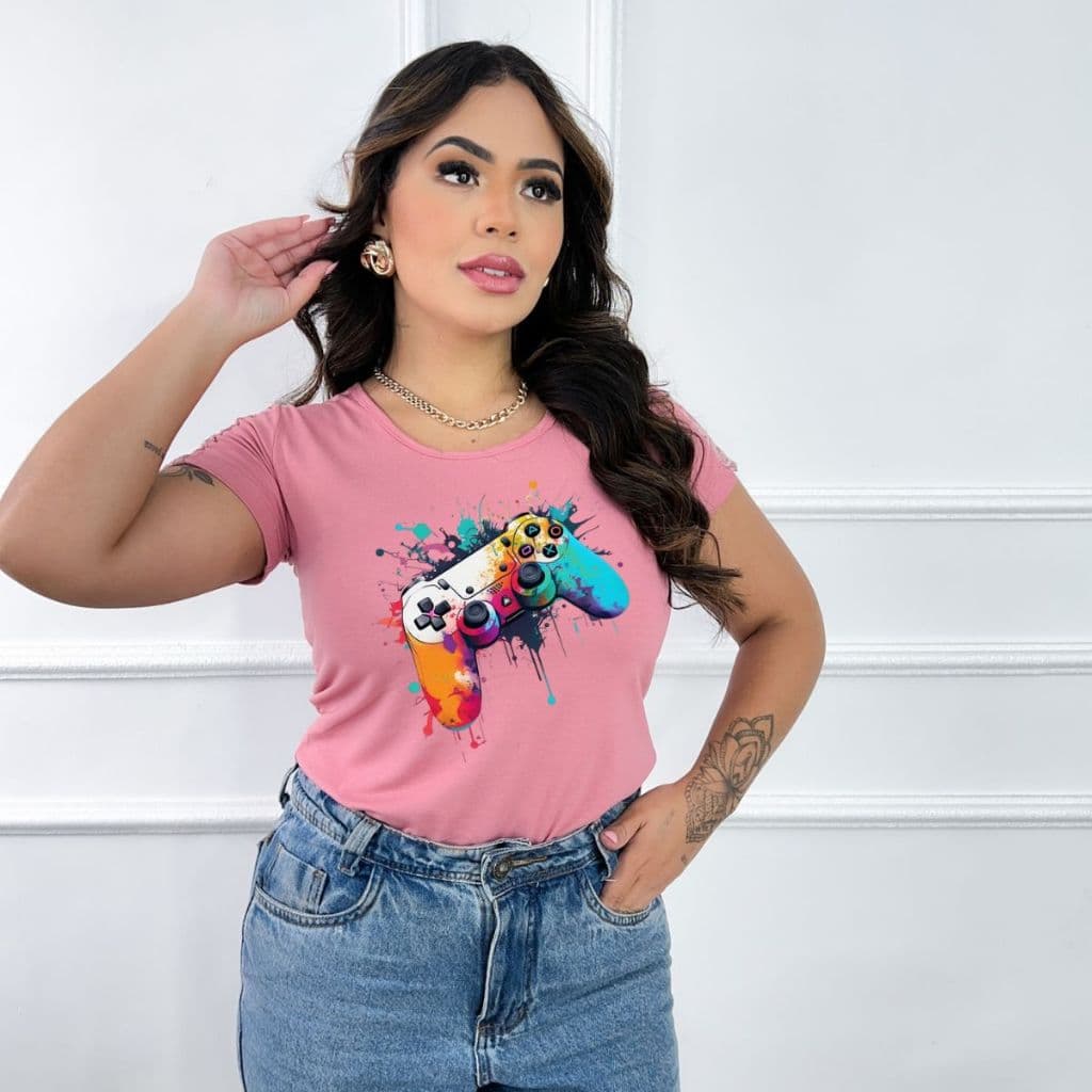 Blusa feminina estampa controle de video game camiseta t-shirt