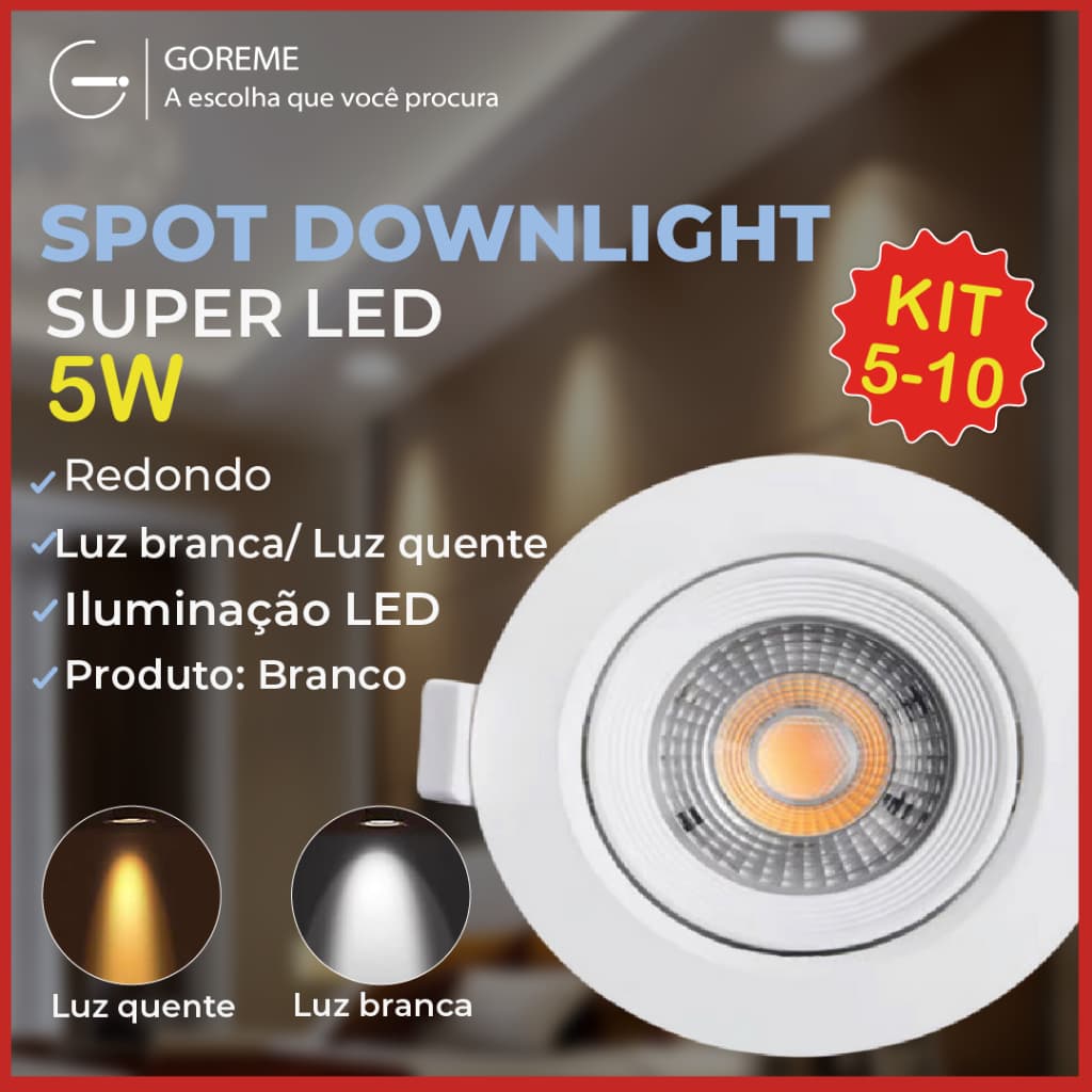 Kit 10 Luminária Spot Led Redondo Direcionável 5W Embutir Gesso Teto | Luz Fria ou Quente 110V-220V