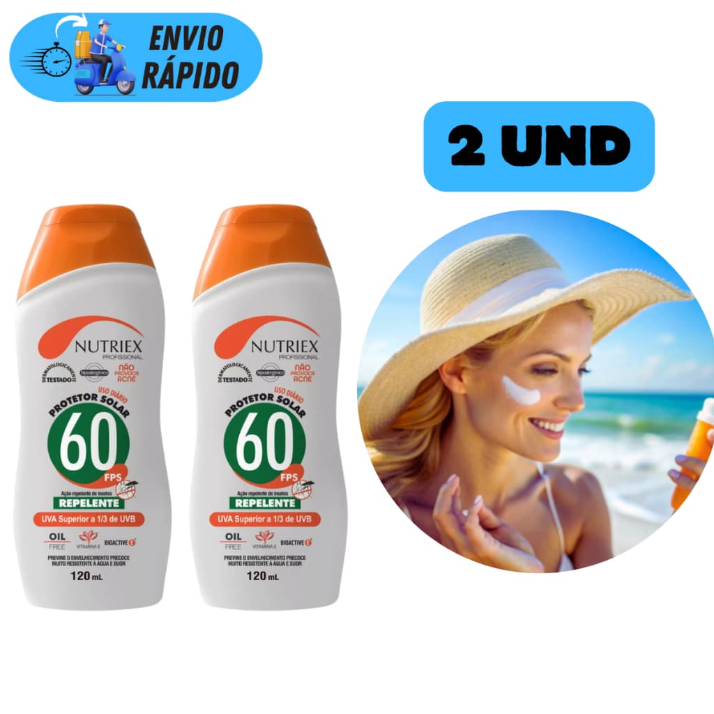 KIT 2 PROTETOR SOLAR FPS 60 COM REPELENTE FACIAL E CORPORAL 120ML BLOQUEADOR RAIOS UVA E UVB NUTRIEX