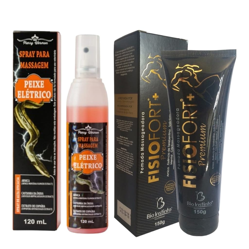 Kit Pomada Fisiofort Premium 150g + Spray Massagem Peixe Elétrico 120ml