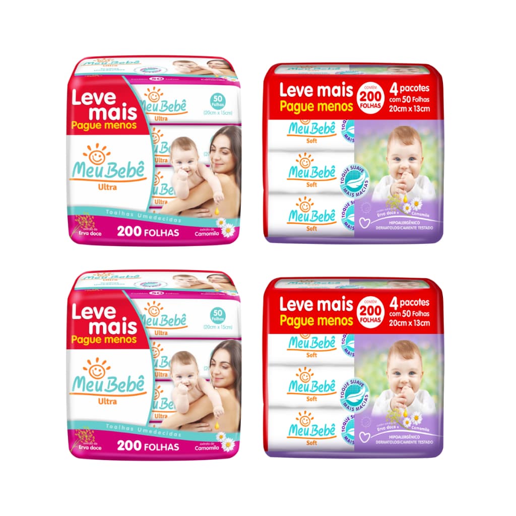 Toalha Umedecida Meu Bebê 800 Folhas Misto (2X200 Ultra e 2X200 Soft)