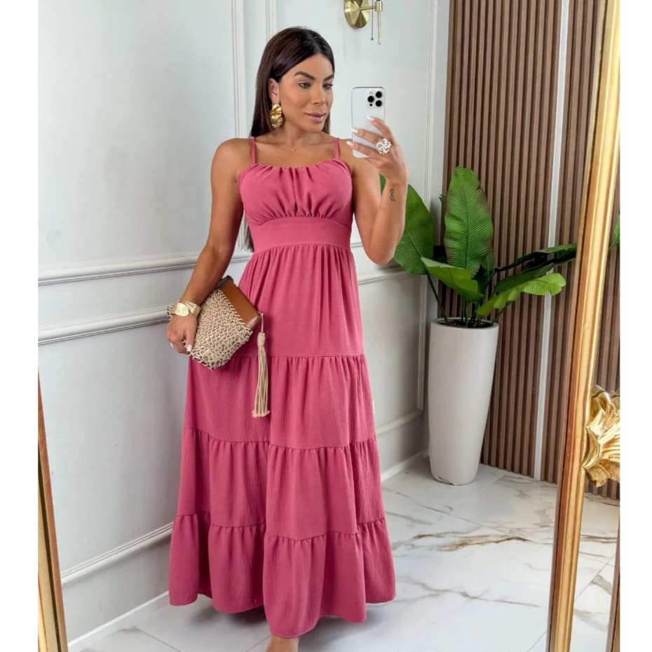 Vestido Longo de Alça Regulável com Bojo Liso Vestido TECIDO CREPE DUNNA Vestido Lindo Natal.VESTIDO MONACO