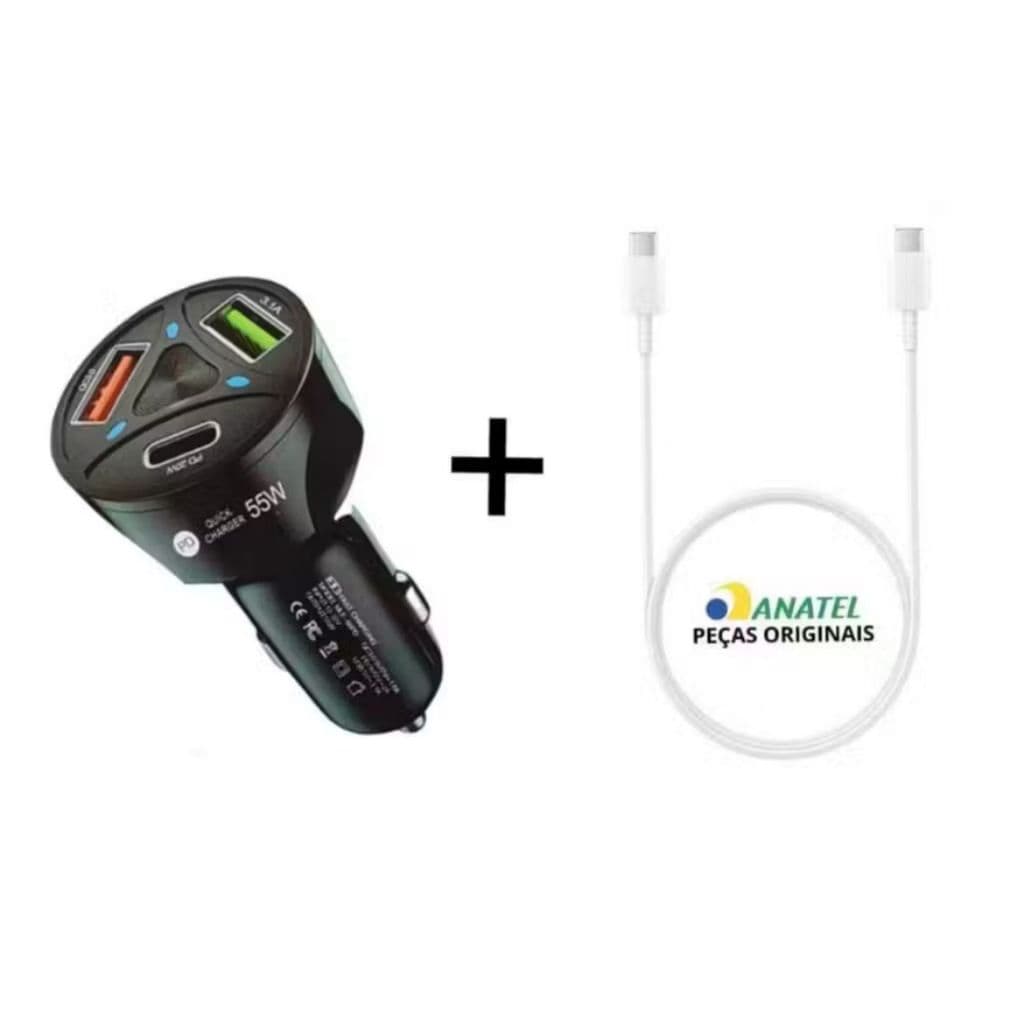Kit Carregador Veicular Turbo + Cabo USB-C Para Carregamento Turbo Cabo + Carregador Veicular TIPO-C