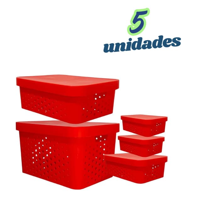 Kit 5 caixa organizadora cesto multiuso organizador c/ tampa vermelho decoração quarto cozinha sala banheiro lavanderia