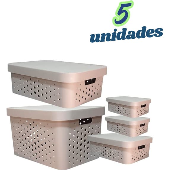 Kit 5 caixa organizadora cesto multiuso organizador c/ tampa cinza decoração quarto cozinha sala banheiro lavanderia