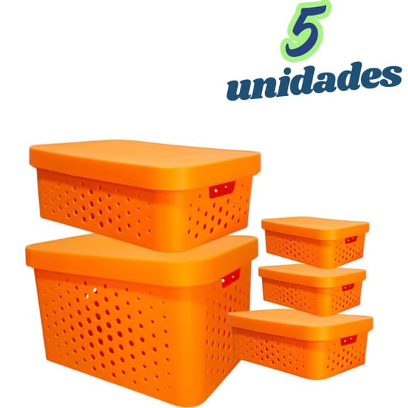 Kit 5 caixa organizadora cesto multiuso organizador c/ tampa laranja decoração quarto cozinha sala banheiro lavanderia