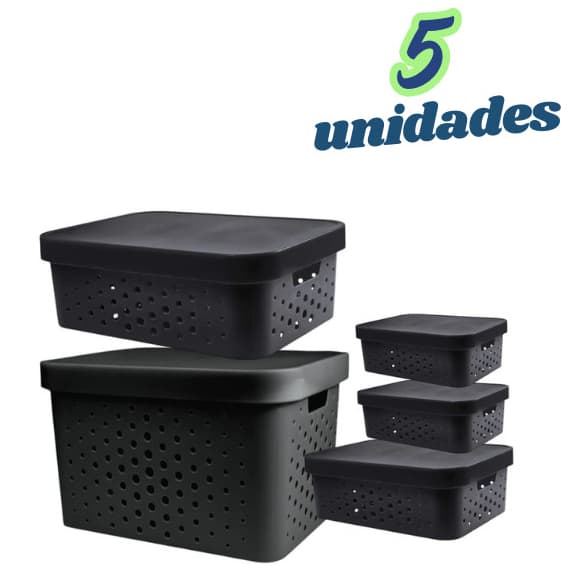 Kit 5 caixa organizadora cesto multiuso organizador c/ tampa preto decoração quarto cozinha sala banheiro lavanderia