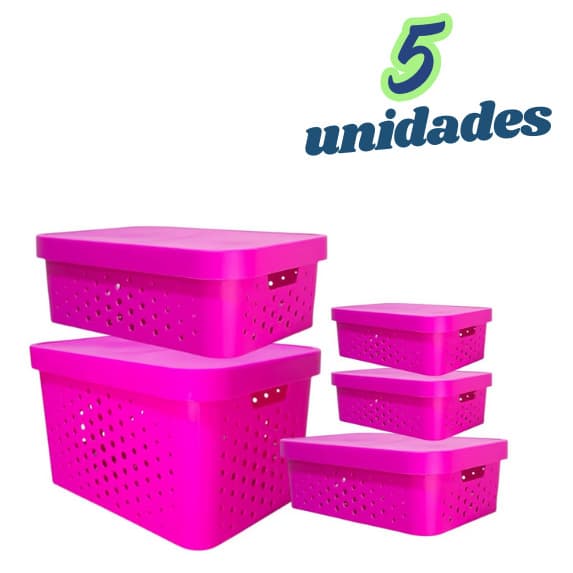 Kit 5 caixa organizadora cesto multiuso organizador c/ tampa pink decoração quarto cozinha sala banheiro lavanderia