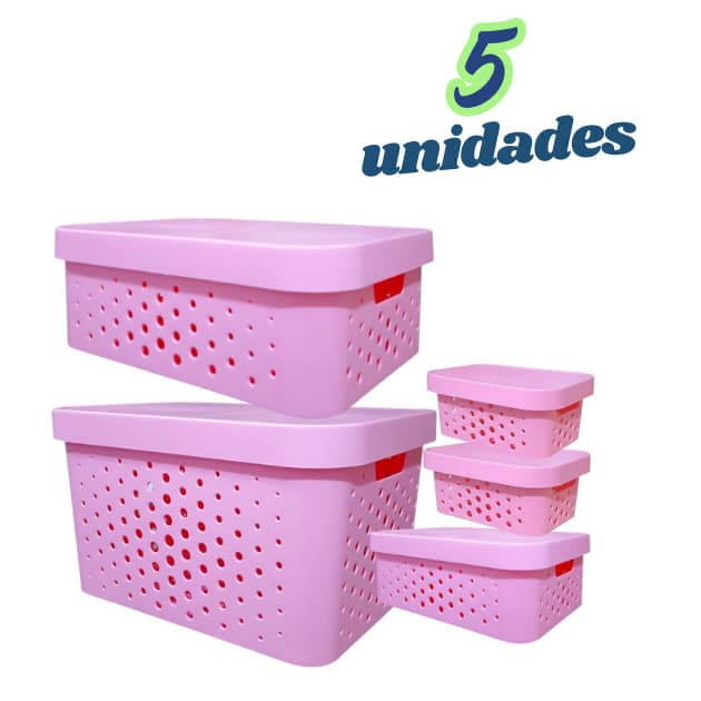 Kit 5 caixa organizadora cesto multiuso organizador c/ tampa rosa decoração quarto cozinha sala banheiro lavanderia
