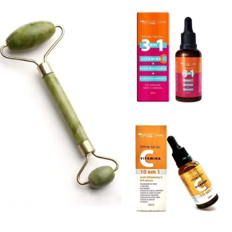 Massageador Pedra Jade + Sérum 10 em 1 Max Love + Vitamina C – Tratamento Facial Completo