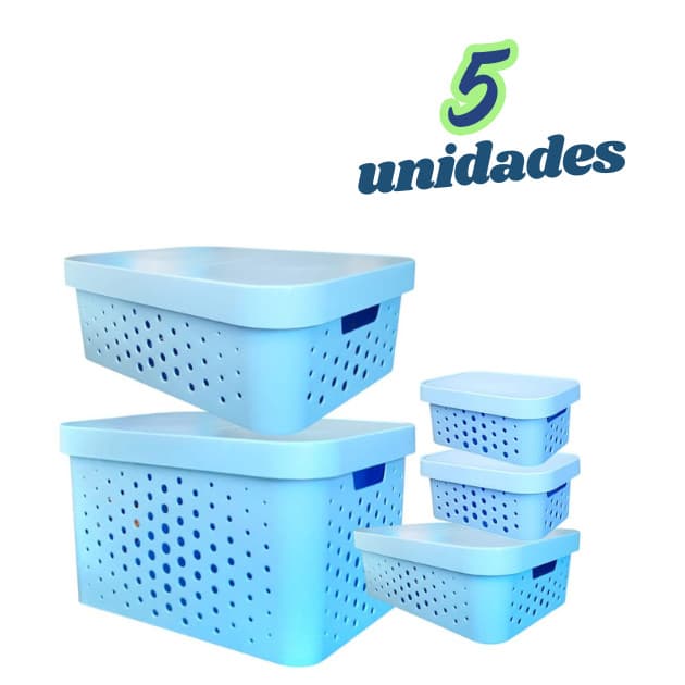 Kit 5 caixa organizadora cesto multiuso organizador c/ tampa azul decoração quarto cozinha sala banheiro lavanderia