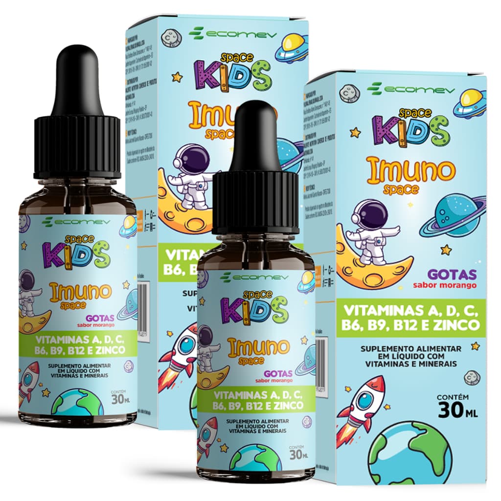 2x Vitamina Infantil Imuno Kids Blend Vitaminas Pura Gotas Morango 60ml