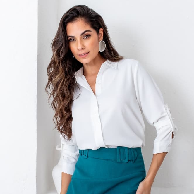 Camisa Feminina de Botões Lisa Elegante Social Camisete Blusa Manga Longa Moda Casual Trabalho Slim