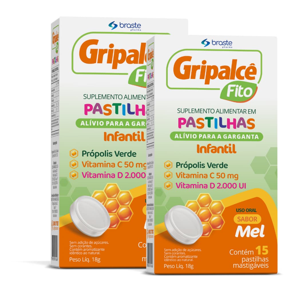 Gripalcê Fito Pastilhas Infantil P/ Alivio da Garganta Sabor Mel C/ Própolis, Vitamina C E Vitamina D 2000ui Kit 2 Unid