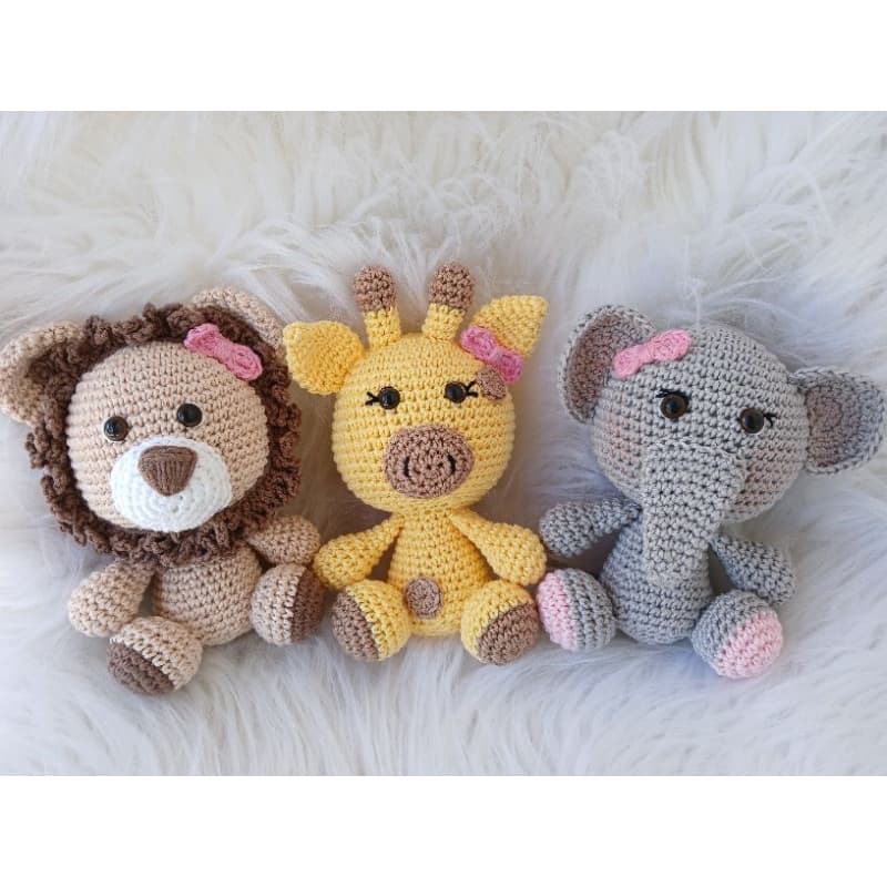 kit safari baby amigurumi (crochê)para meninas , (leão, girafa,elefante)