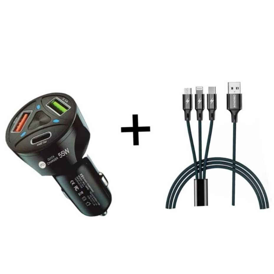 kit Carregador Veicular Turbo + Cabo 3 em 1 Lightning Tipo-C V8 1,2M Carregador Veicular e Cabo