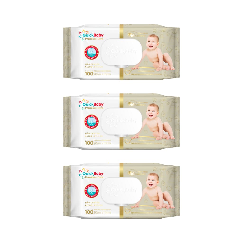 KIT TOALHA UMEDECIDA QUICK BABY PREMIUM CARE 300 FOLHAS (3UNDX100FLS) ALOE VERA