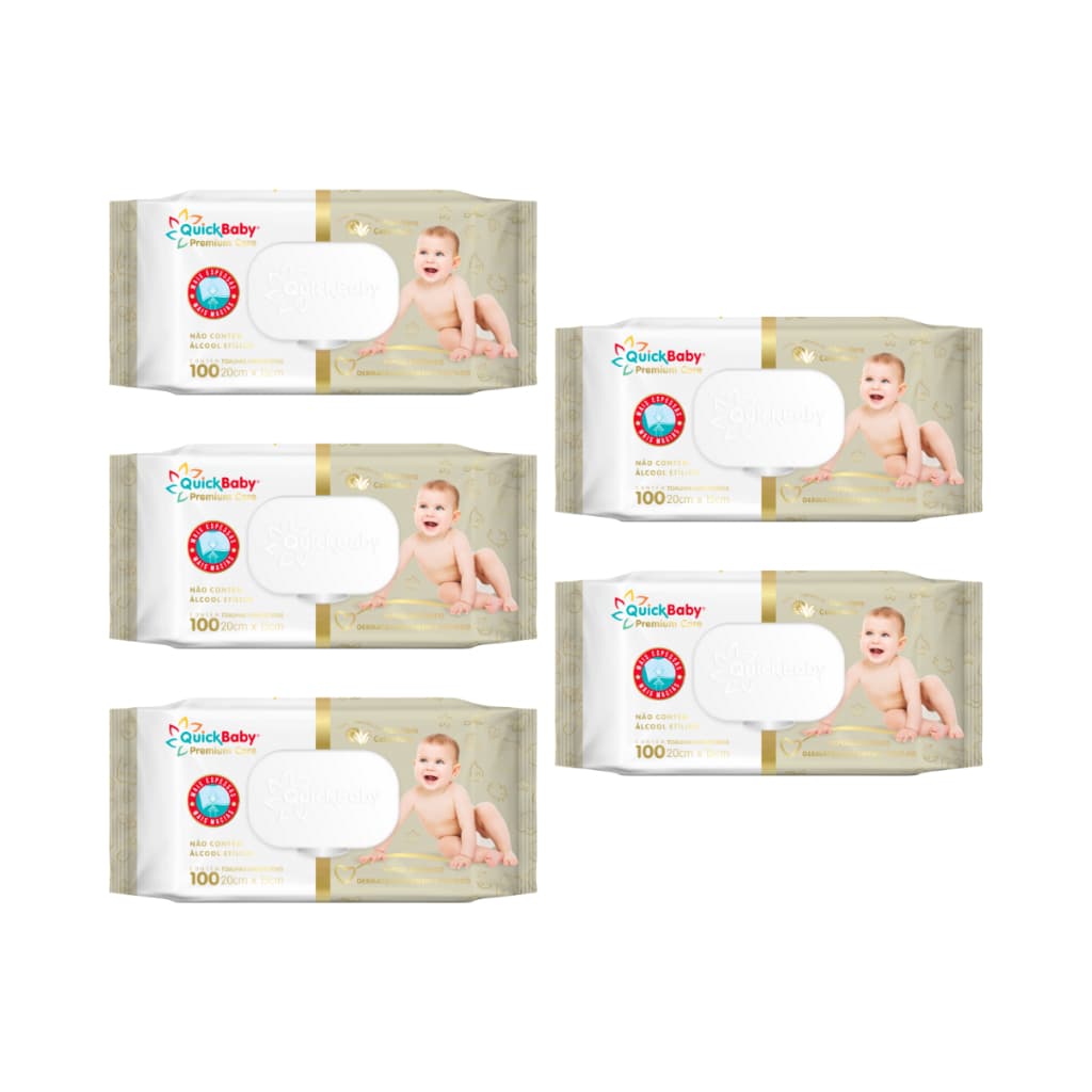 KIT TOALHA UMEDECIDA QUICK BABY PREMIUM CARE 500 FOLHAS (5UNDX100FLS)