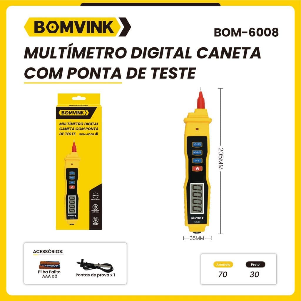Multimetro Compacto Caneta Digital 4000 Contagens Tensao AC - BOM-6008