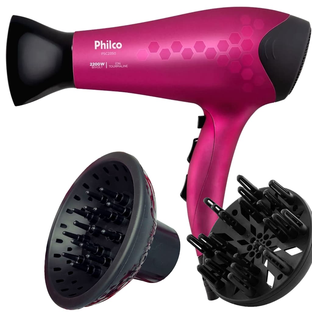 Secador De Cabelo Philco Profissional 2200w Ions Quente Frio Stilo Bivolt Com 2 Difusores De Cachos