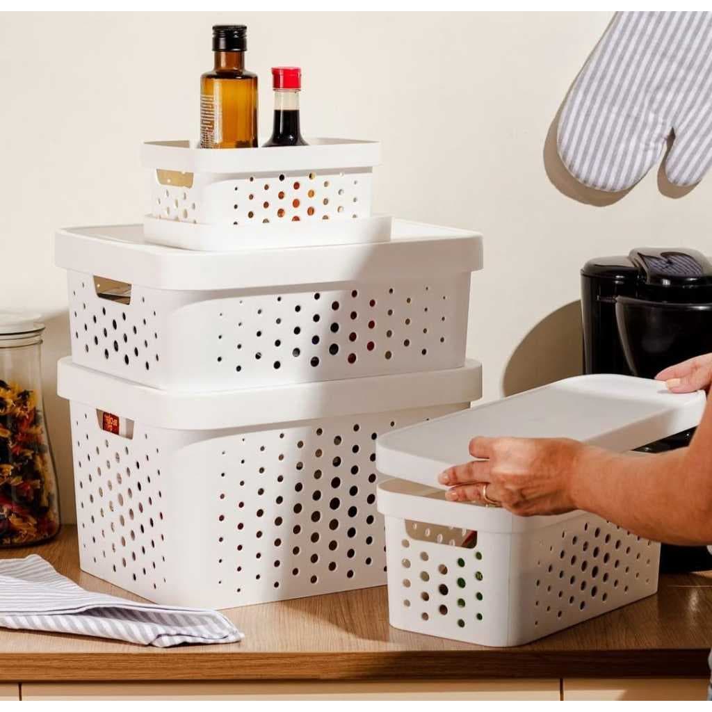 Kit 5 caixa organizadora cesto multiuso organizador c/ tampa branco decoração quarto cozinha sala banheiro lavanderia