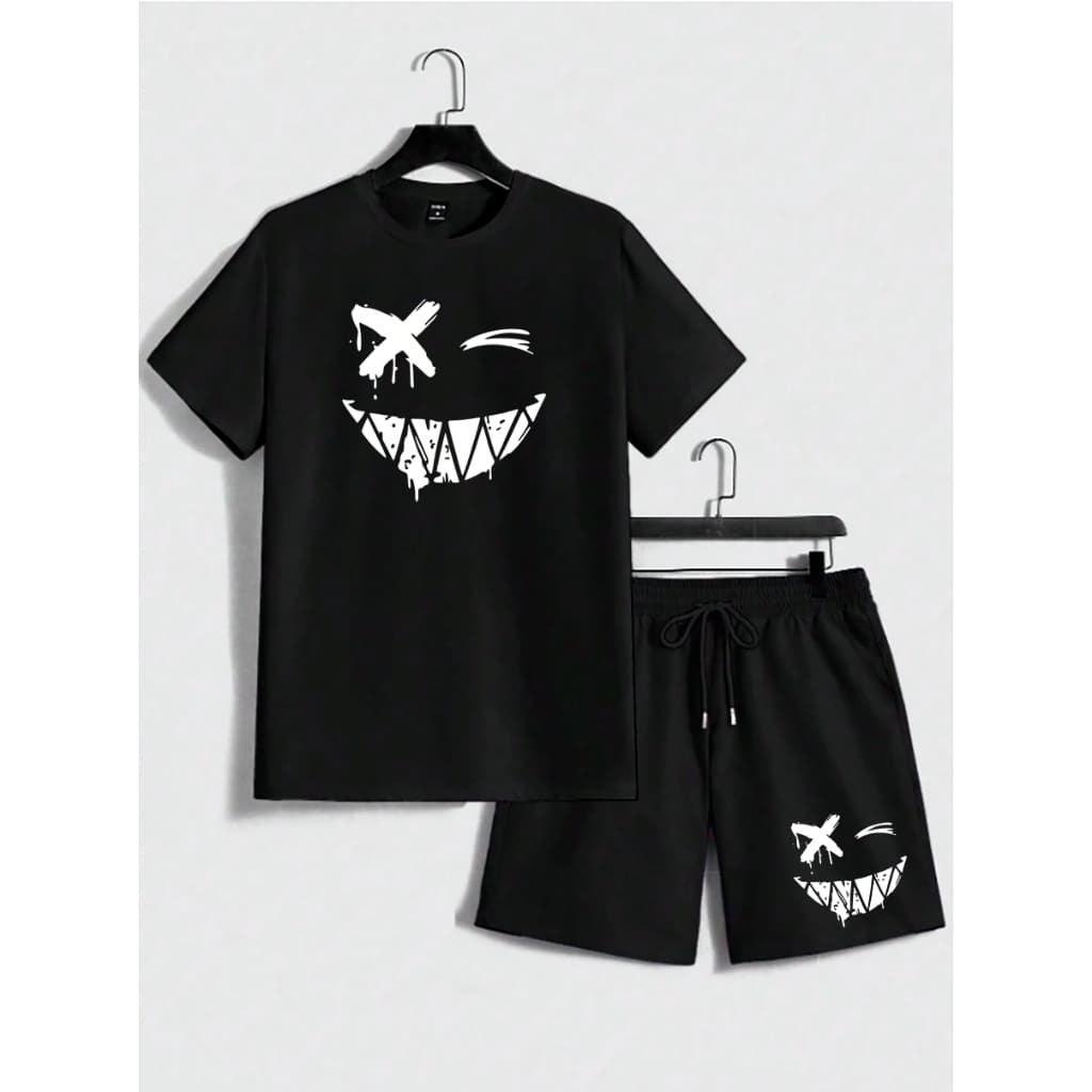 Kit Camiseta Masculina e short Moletom Smile Streetwear T-shirt Kit Shorts Camisa Style