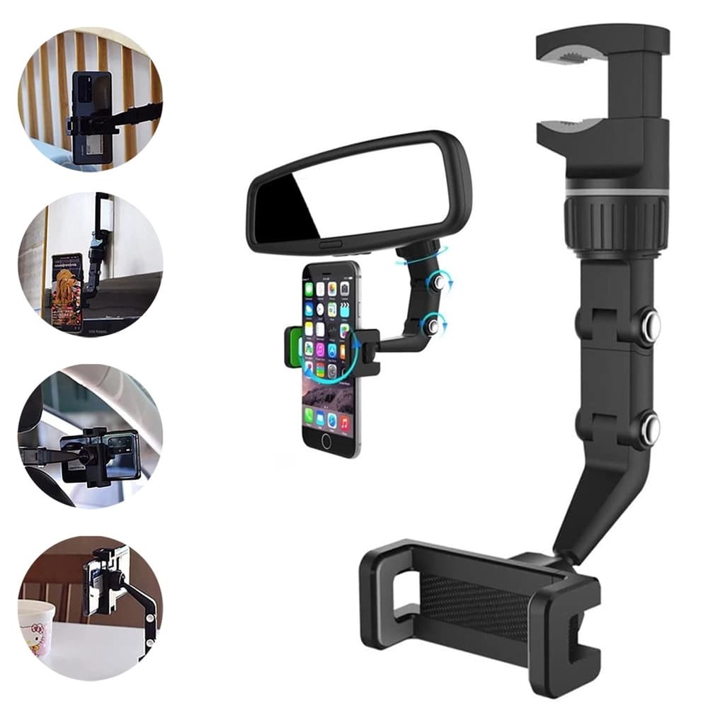 Nova Multifuncional 360 Graus Rotatable m Espelho Retrovisor Clipe Suporte  Celular Para O Carro