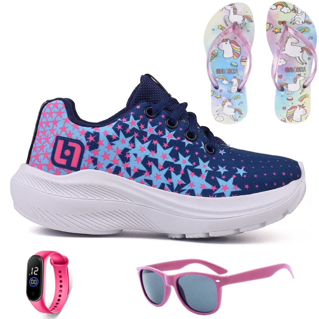 Kit Tênis Infantil Casual Meninas Escolar Basico Confortavel + Chinelo Oculos e Relogio