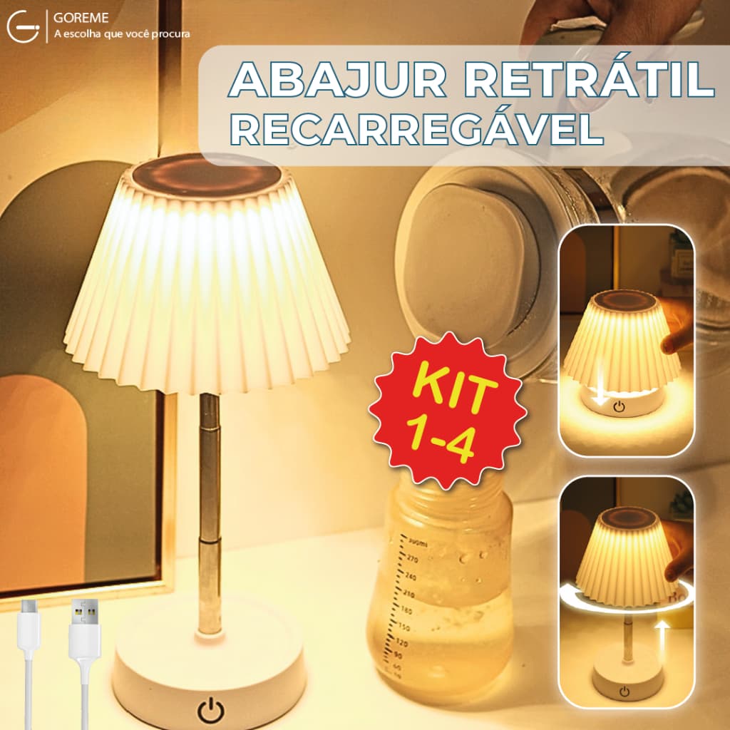Luminária de Mesa Abajur LED Recarregável Retrátil de Aço Luz Neutra Ajustável 3 Tons USB