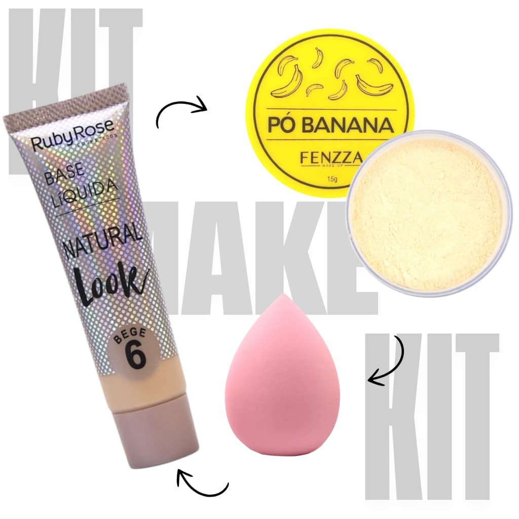 Base Liquida Ruby Rose, Pó solto Banana, Esponja Facial Gota ki Maquiagem 3 Itens