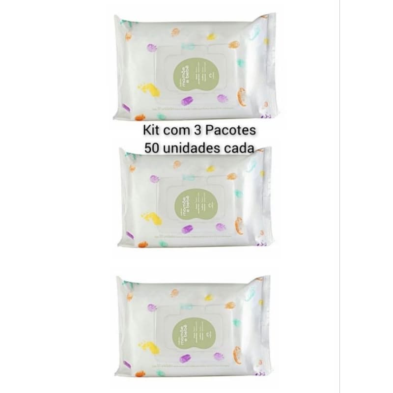 kit Com 3 Pacotes de Lenços Umedecidos  Mamãe e Bebê Natura 50 unidades cada