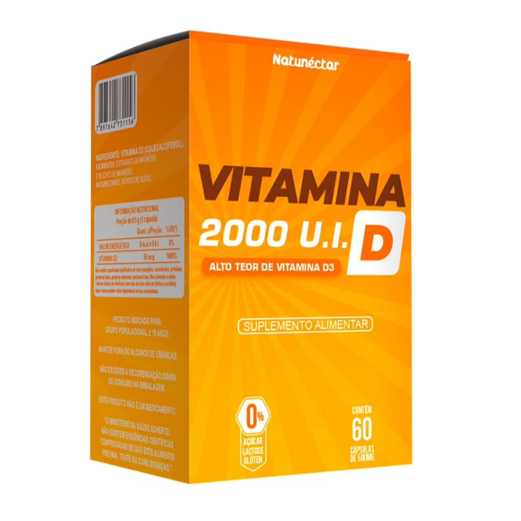 Vitamina D 2.000 U.I - Vitamina D3 60 Cápsulas Suplemento Alimentar - Natunéctar