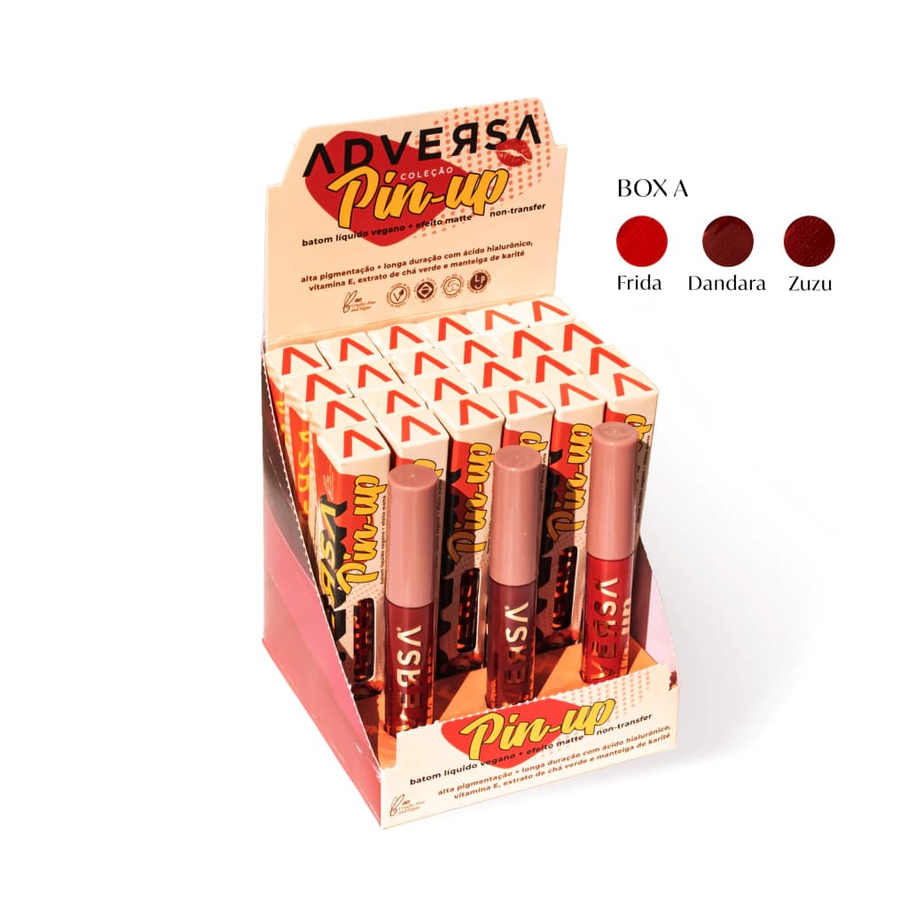 Batom Líquido Matte Vegano ADVERSA / Coleção Pin-Up A - Display com 24 unidades + 3 provadores
