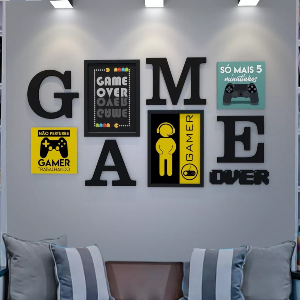 Quadro Decorativo Quarto Gamer Frase Game Over Com Letreiro 9 Peças Controle Console Vídeo Gamer