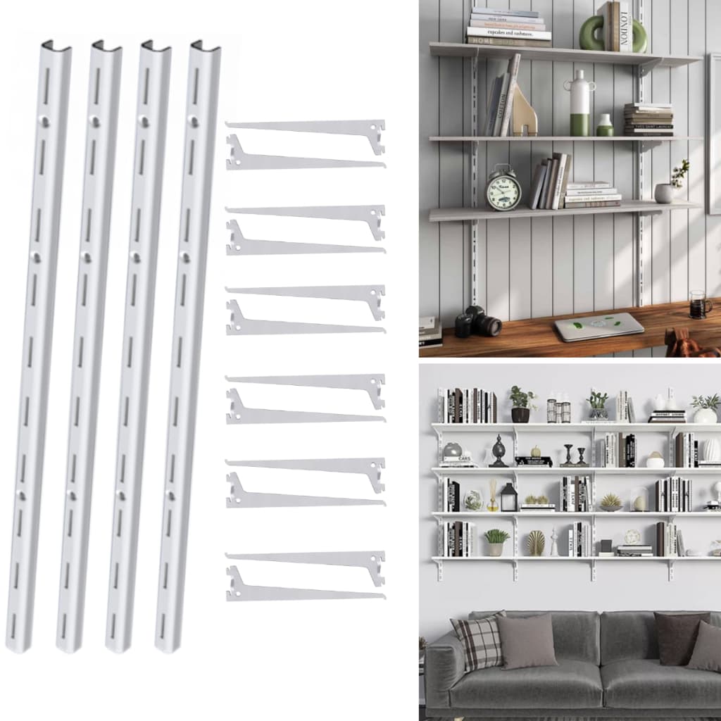 Kit Prateleira Parede Ajustável 4 Trilhos Cremalheira 100cm e 12 Suportes Estante Aço 20cm 25cm 30cm 40cm