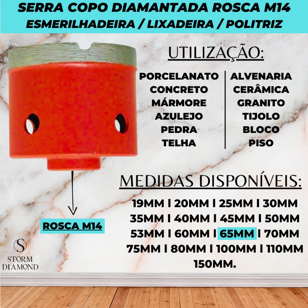 Broca Diamantada 65mm Rosca M14 Esmerilhadeira Furar Concreto Mármore Cerâmica Porcelanato Granito