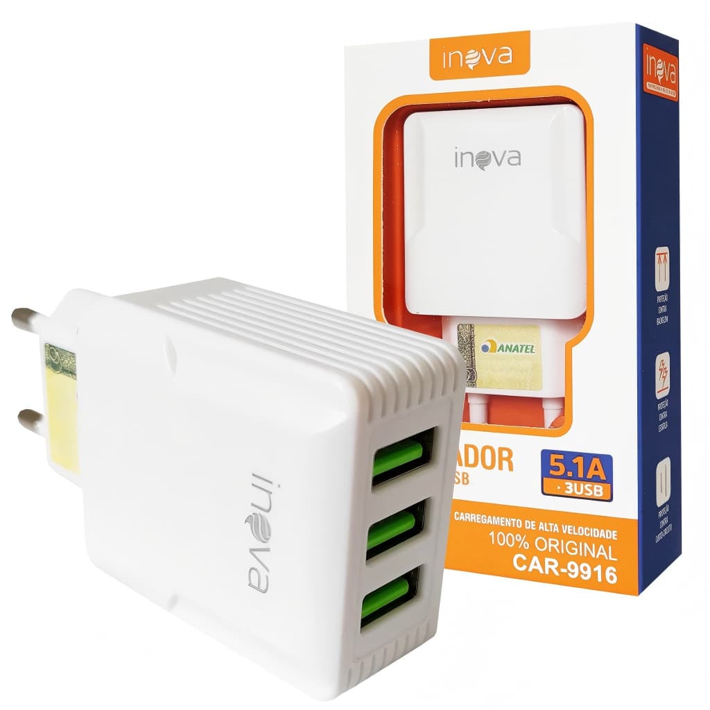 Inova Carregador Celular 3 Entradas USB Fonte Tomada 5.1A Turbo Rápida