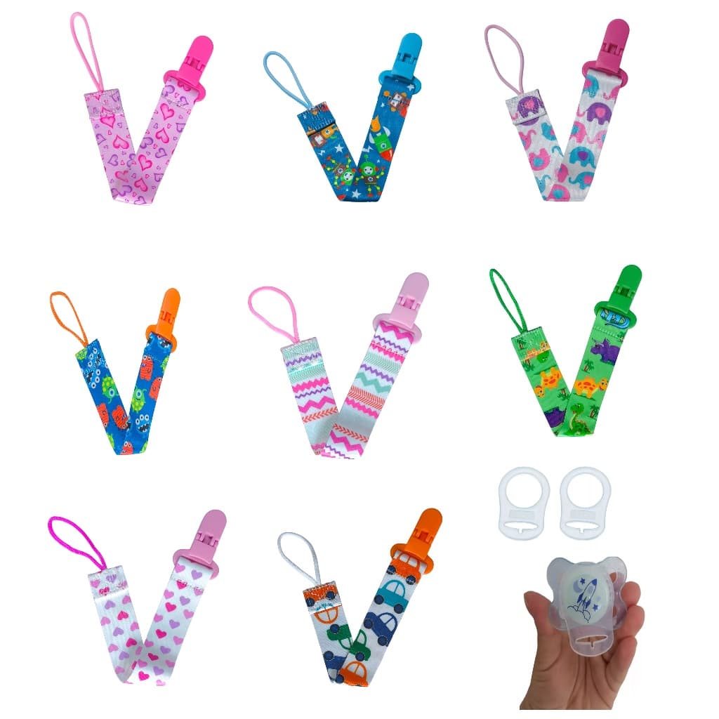 Kit 2 Prendedores chupeta bebê menina  menino + 2 anéis de silicone adaptador chupeta sem alça mam nuk
