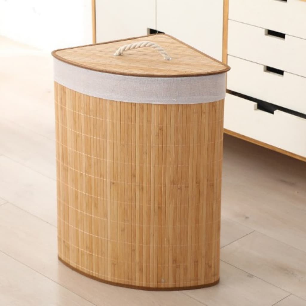 Cesto De Roupas Sujas Triangular Dobrável Bambu Forro Grande Organizador Tampa Banheiro Lavanderia