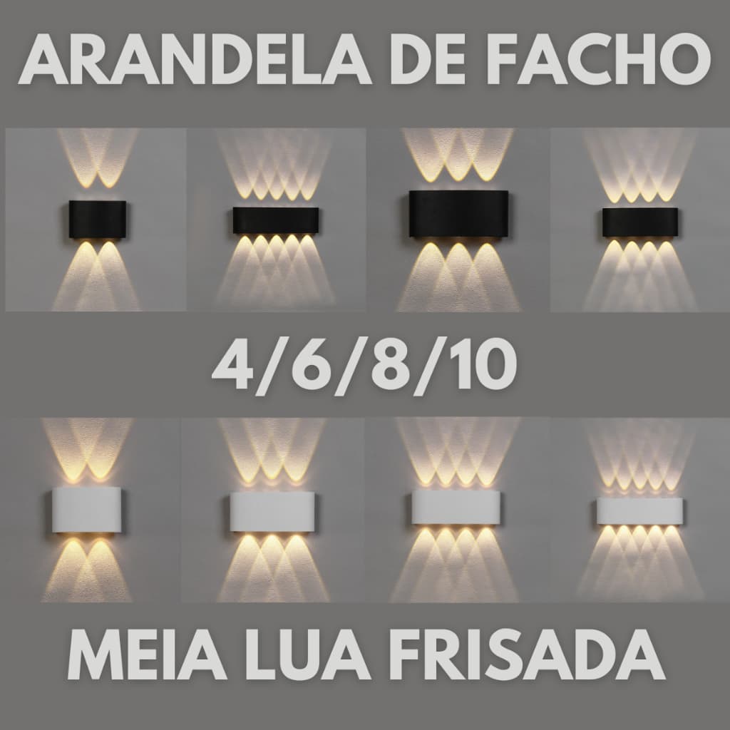 Arandela de Parede Luminária Meia Lua Frisada Área Interna Externa 4/6/8/10 Facho Led Branco Quente