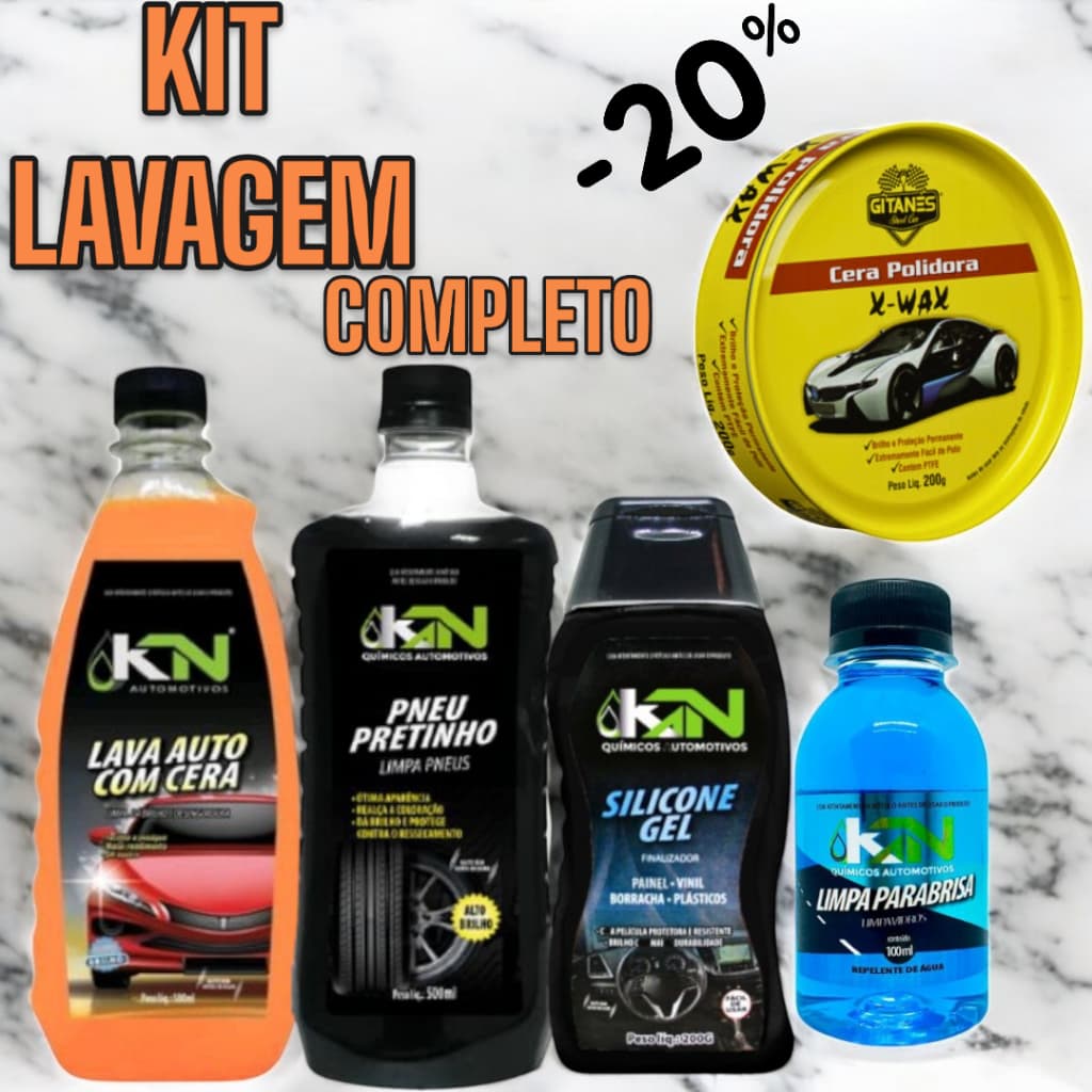 KIT LIMPEZA KN CARRO SHAMPOO PRETINHO SILICONE PARABRISA CERA LATA