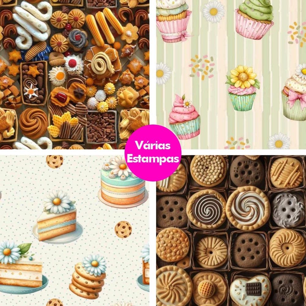 Tecido Tricoline 100% Algodão 50cm x 1,50m Estampa Padaria Confeitaria Patchwork