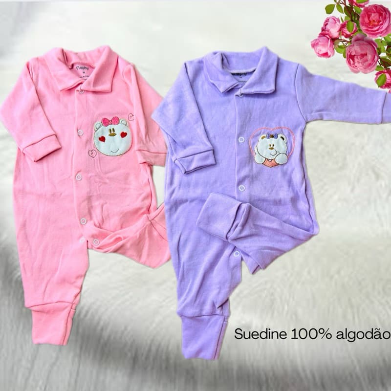 kit 2 Macacão para bebê menina bordado manga longa vira pe - roupa de bebê feminina